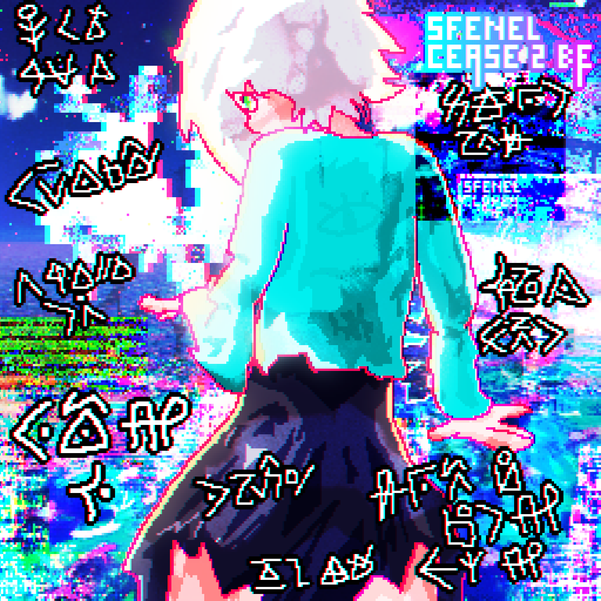 glitch art with an anime-styled character with their back facing you. there is text in the top right that says cease 2 be